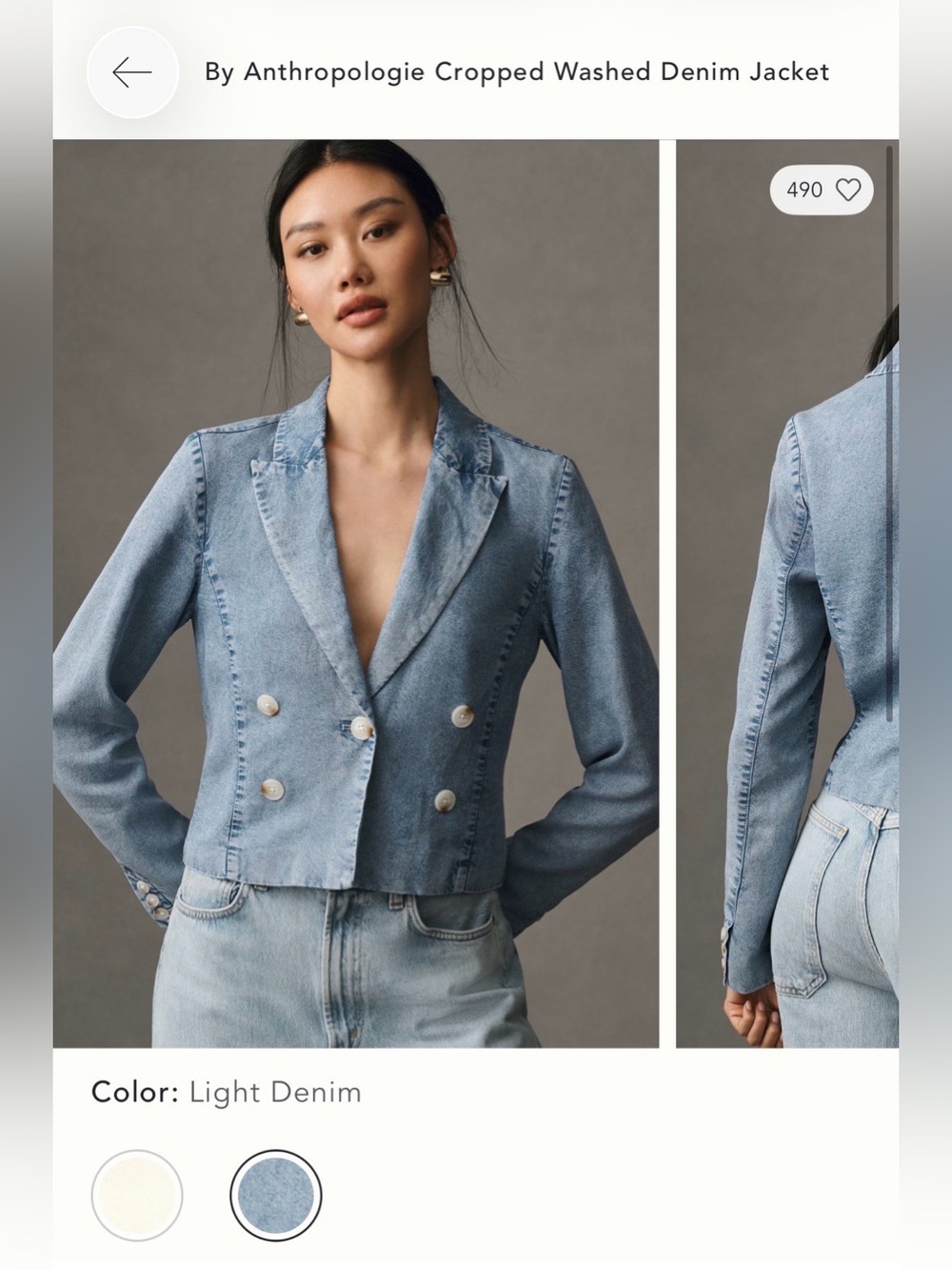 Anthropologie Light Denim Cropped Double-Breasted Jean Jacket